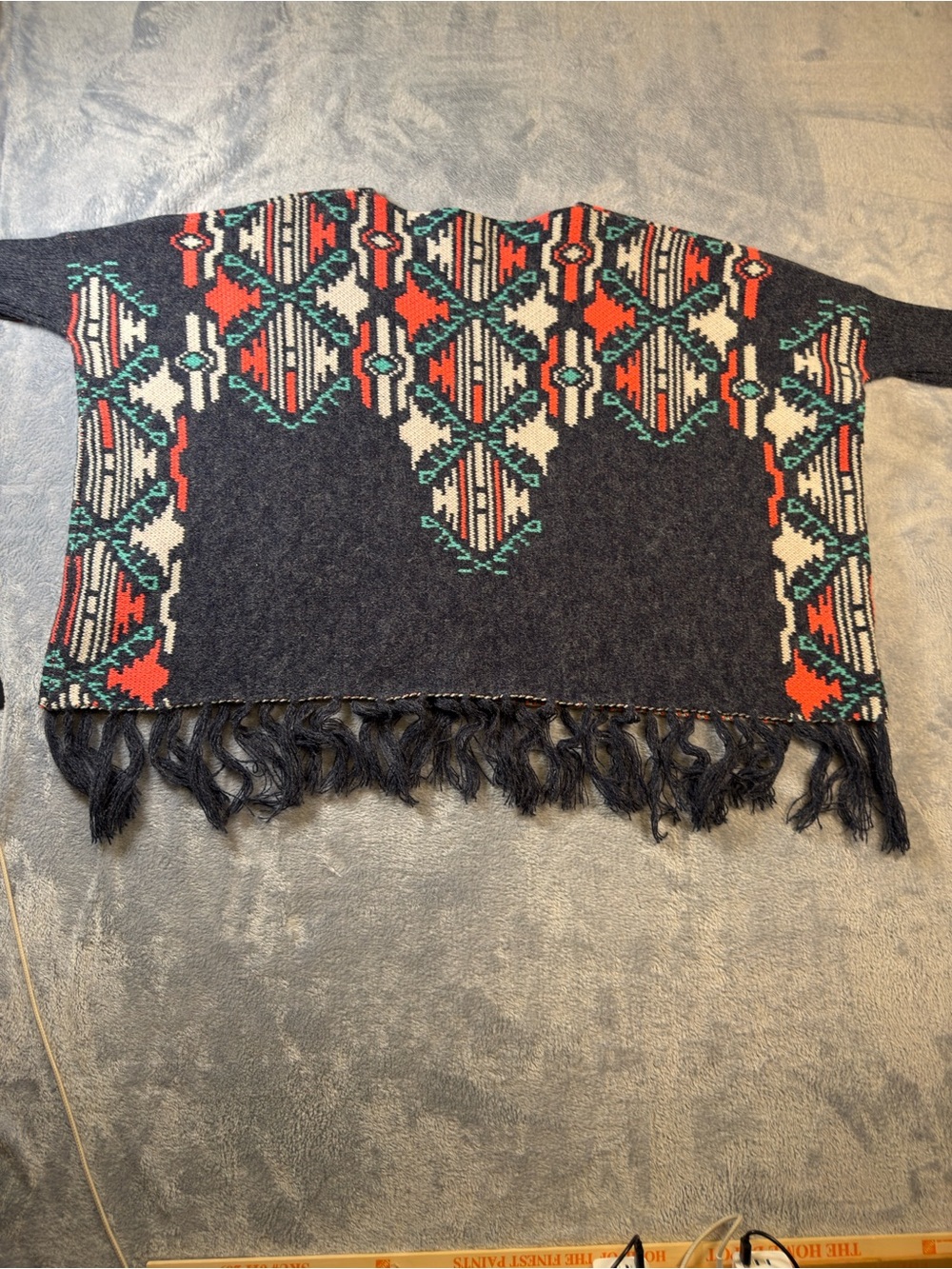 Altar'd State Black Poncho sweater with Red and Teal Aztec design #3193
